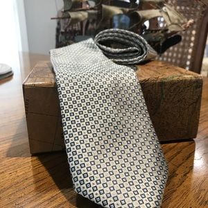 MARKS & SPENCER 100% Woven Silk Necktie Diamond Pattern Beige Blue Lined 3.5x58”